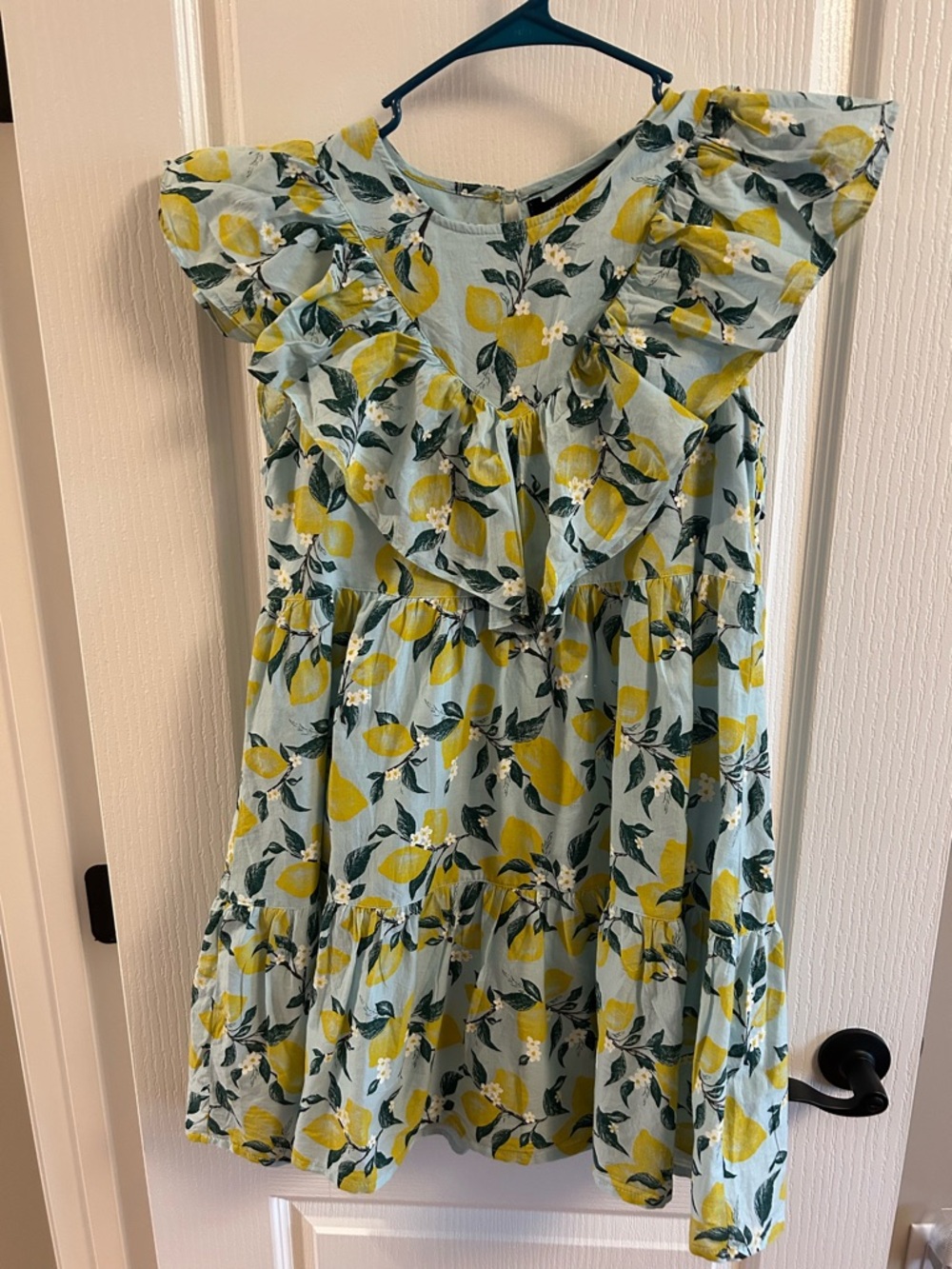 French Connection Yellow Lemon Print Ruffle Dress on Light Blue